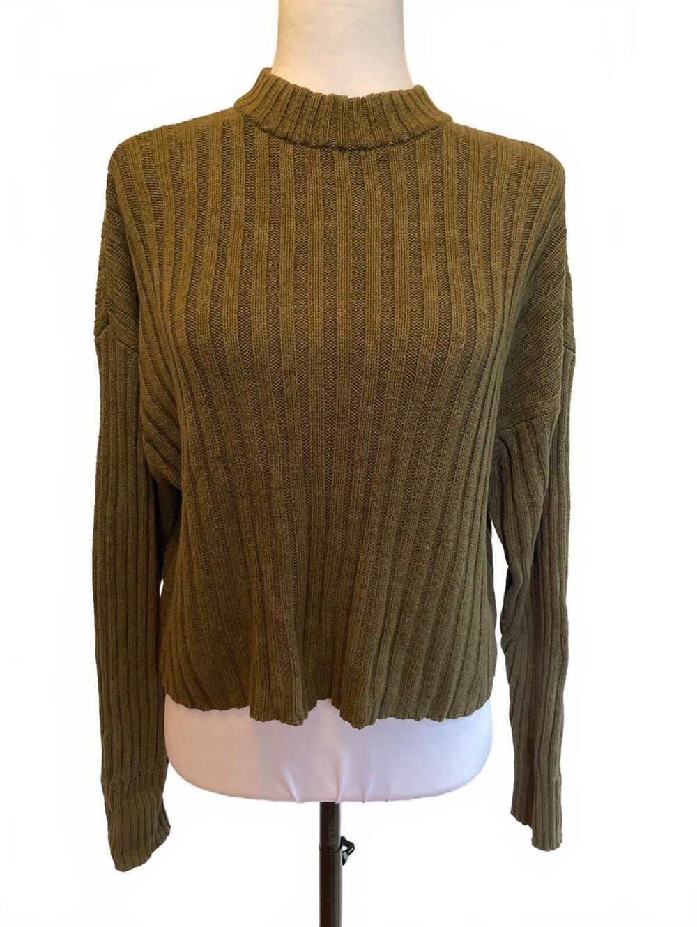 American Eagle Olive Ribbed Mock Neck Sweater Small Cozy Cotton Blend